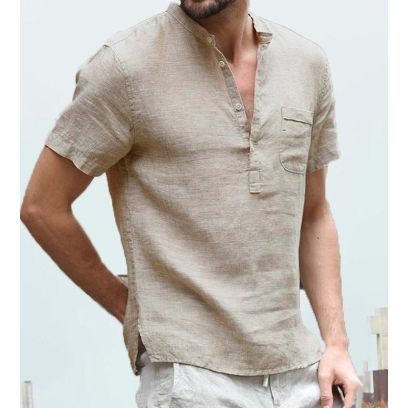 

Summer new cotton and linen short-sleeved men s T-shirt stand-up collar buckle semi-open simple short-sleeved shirt men s solid color thin 5xl хакі