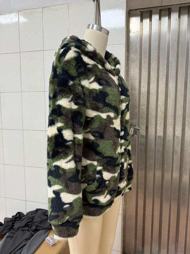European & American Double-sided Camouflage Plush Zipper Hooded Women's Autumn/Winter Cardigan Coat