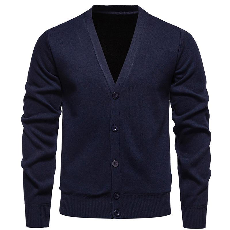 Men Slim Fit Fleece Knit Long Sleeve Cardigan Solid Color Casual