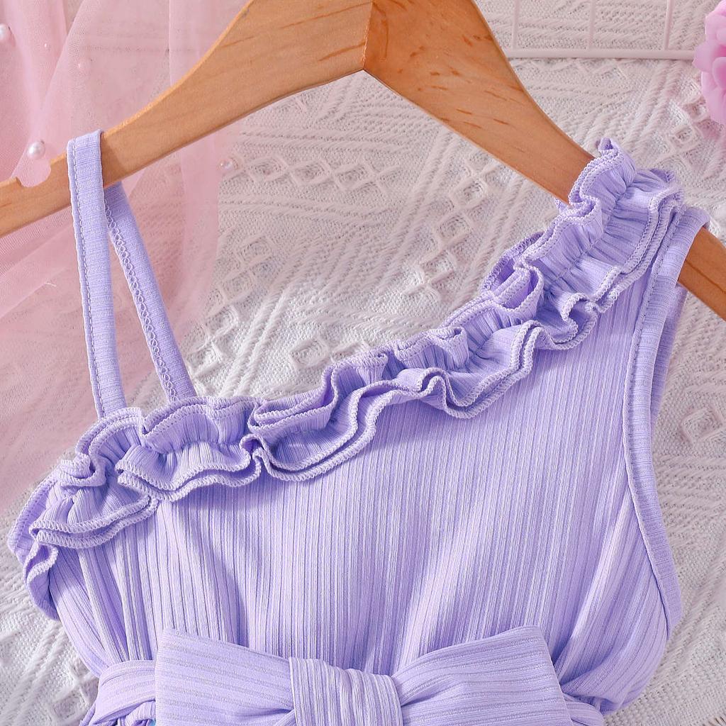 Summer New Sweet Girl's Ribbed Strap Dress Korean Fashion Floral Print A-line Dress