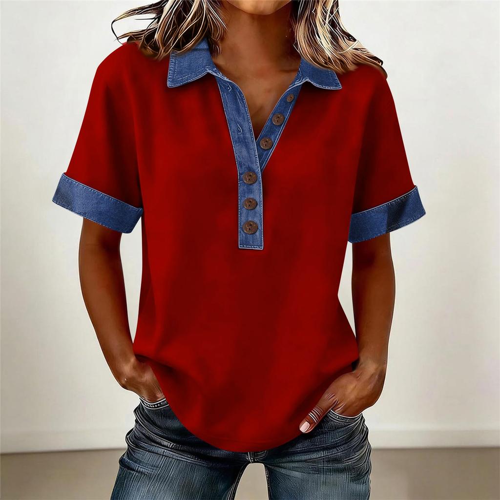 Denim Patchwork Hemden für Damen Stehkragen Lässige Bluse Kurzarm Bequemes T-Shirt Frühling Sommer Mode