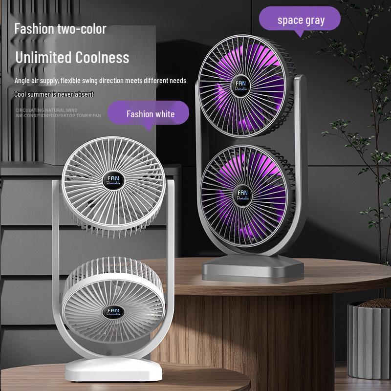 USB Rechargeable Dual-Head Silent Desktop Fan for Home and Office
