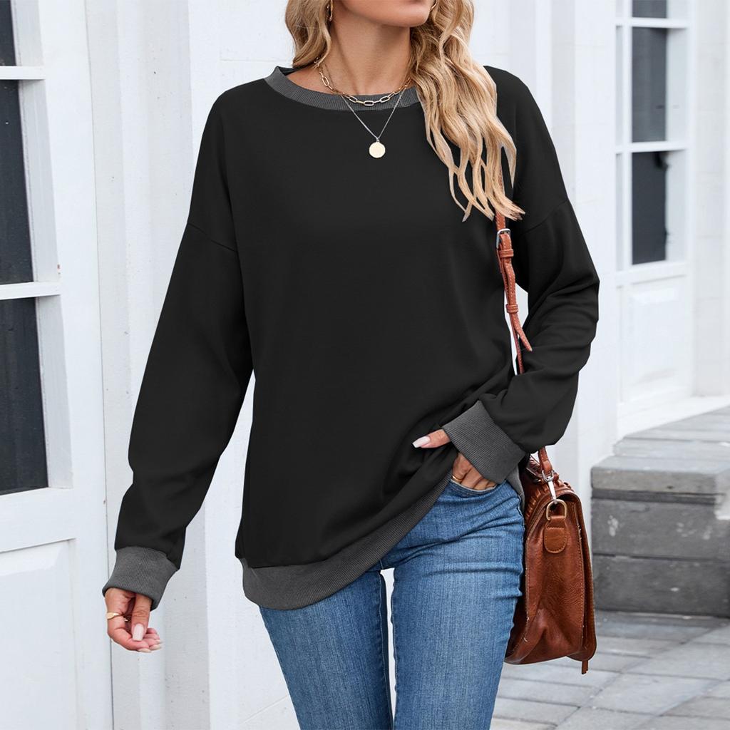 Women's Fashionable Color Blocked Round Neck Long Sleeved Casual Hoodie Top