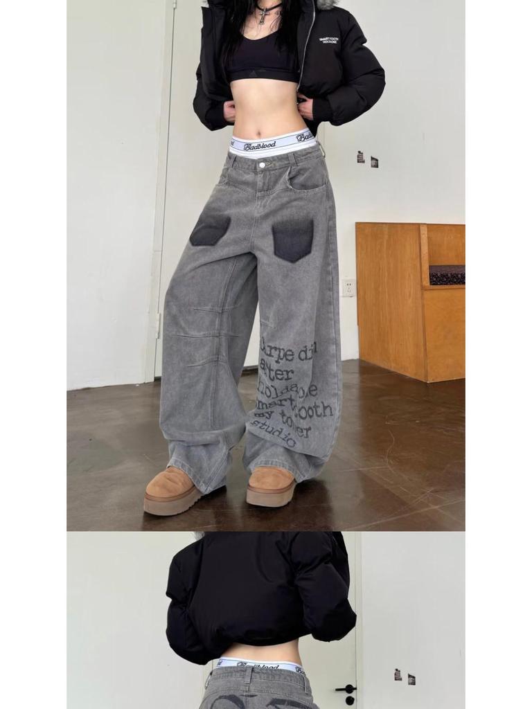 Vintage High Street Wide-Leg Jeans - Retro Washed, Letter Print, Loose Fit for Teens