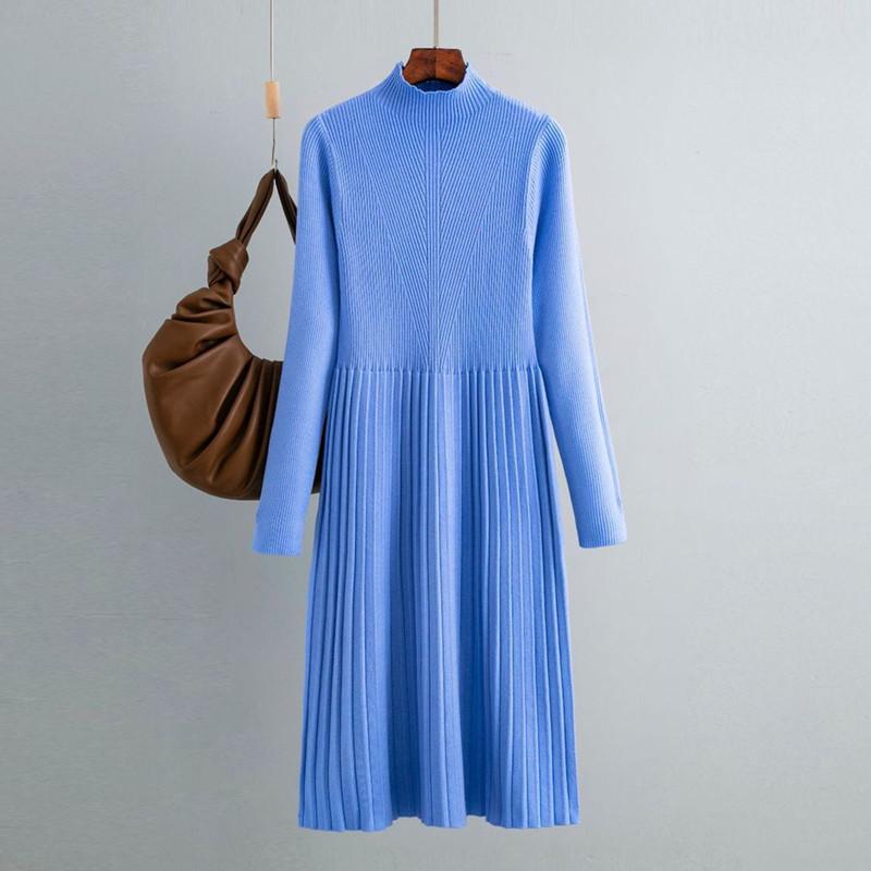 Women's Autumn Winter Plain Knitted Turtleneck Long Sleeve High Waist Sweater Dress