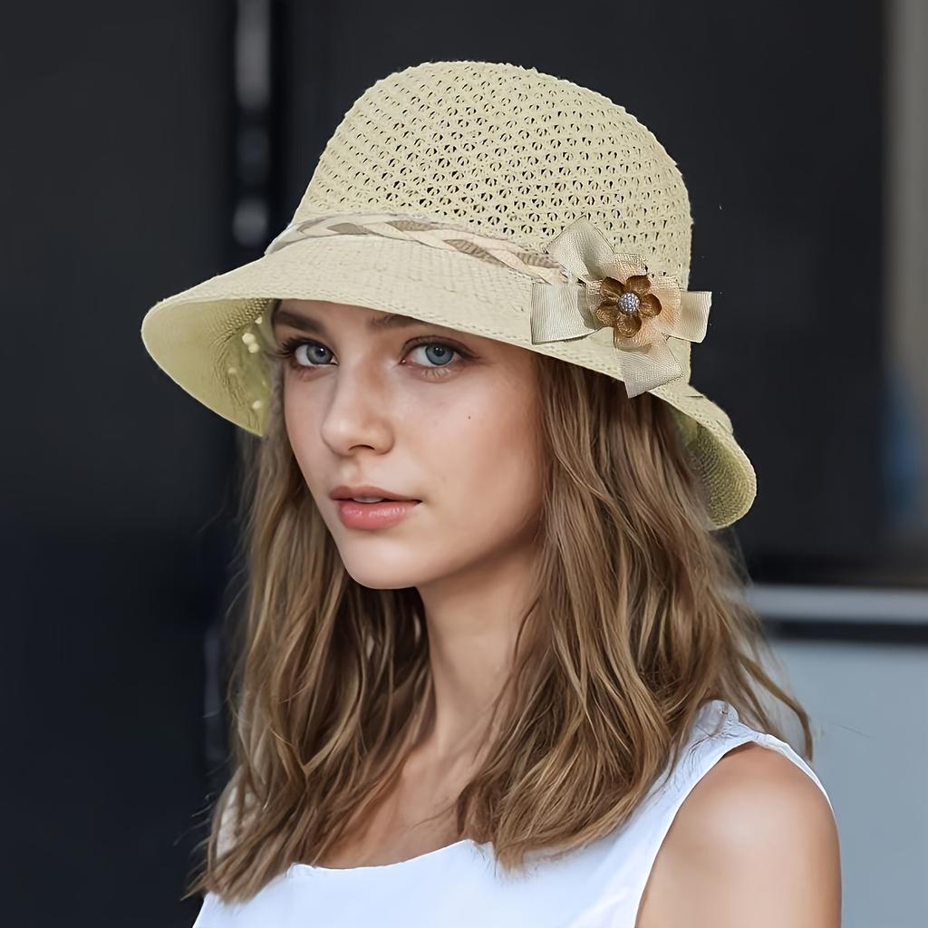 Elegant Women'S Floral Decorated Straw Hat - Breathable Hollow-Out Sun Cap, Summer Fashionable Outdoor Travel Vacation Fisherman Hat, Beach Hat