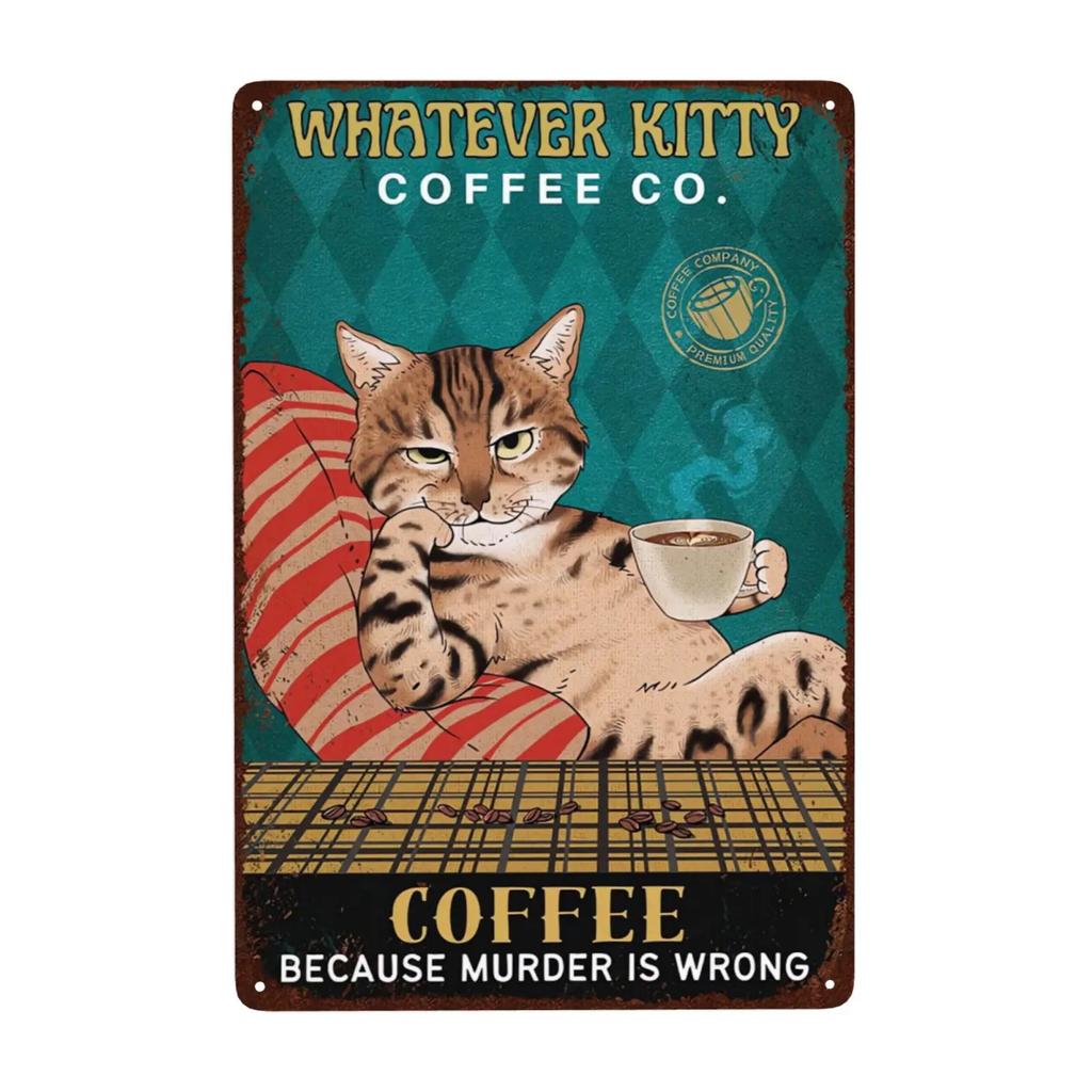 1pc Retro Cat Coffee Metal Sign Vintage A Coffee A Day Keeps The Grumpy Away for Home Coffee Shop Bar Wall Decor 8x12 Inch