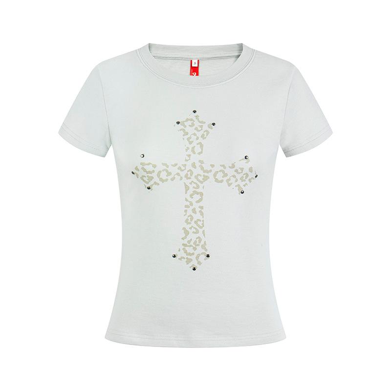 American retro rivet leopard print cross print round neck short sleeve T-shirt women s summer new front shoulder slim top S