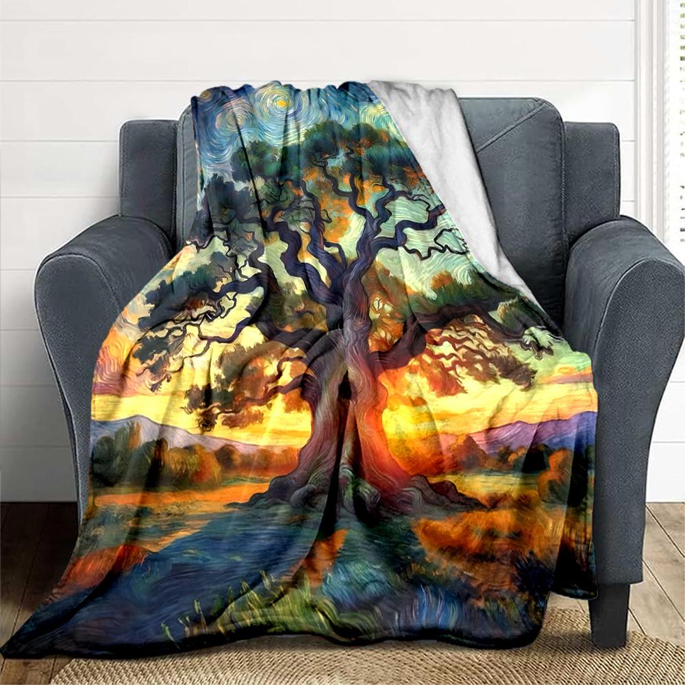 1pc Tree Sunset Pattern Blanket, Lightweight Flannel Throw Blanket for Sofa, Bed, Travel, Camping, Living Room, Office, Couch026