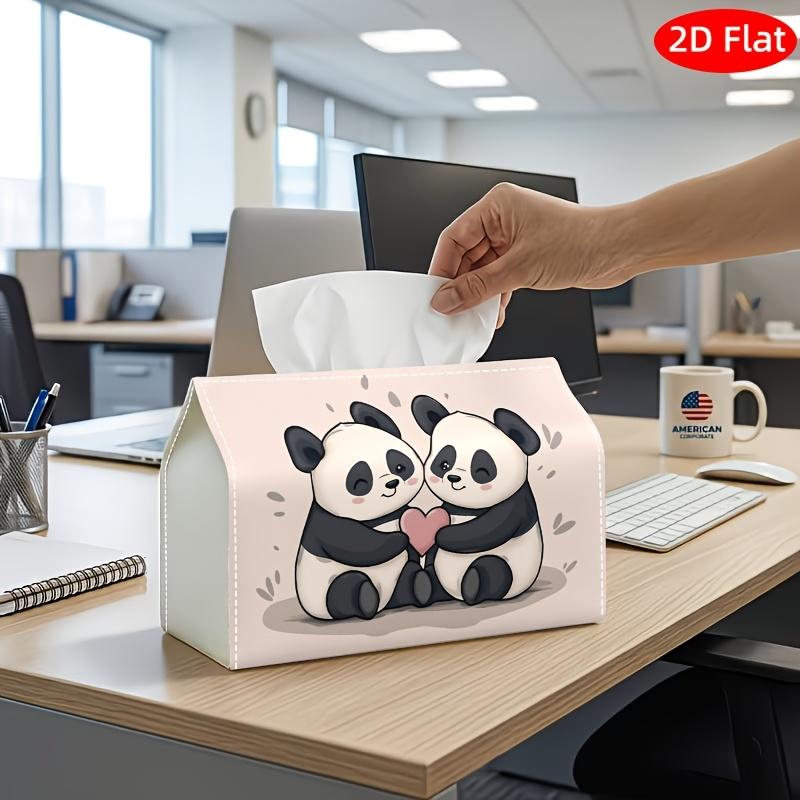 2D Flat, 1pc Tissue Box, Printed on Both Sides, Adorable Artistic Tissue Holder Panda Duo Design Made of Durable Polyester for Home, Office, Vehicle,