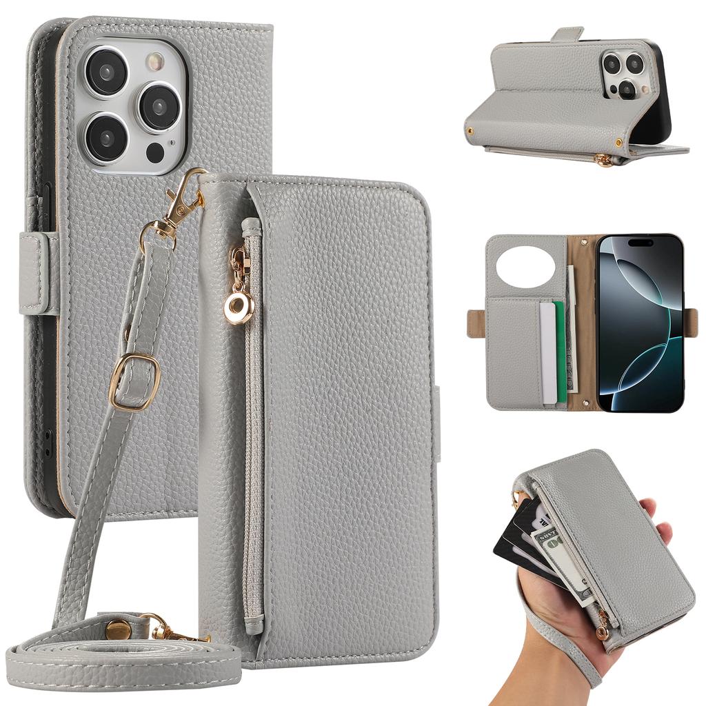 Für iPhone 16 Pro Max Wallet Handyhülle Stoßfestes TPU+PU Leder Flip Cover mit Spiegel, Riemen