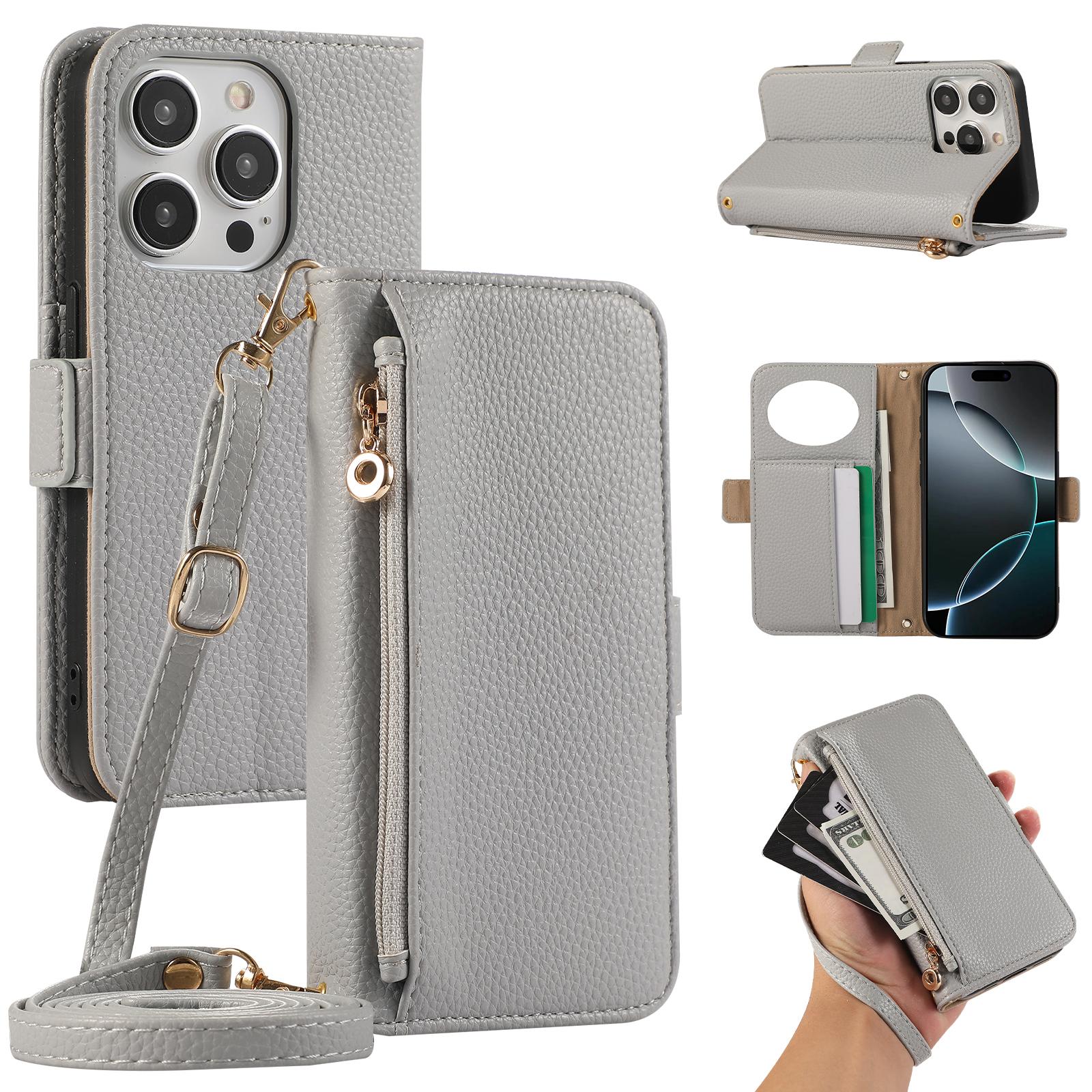 

For iPhone 16 Pro Max Wallet Phone Case Shockproof TPU+PU Leather Flip Cover with Mirror,Strap Grey Blue