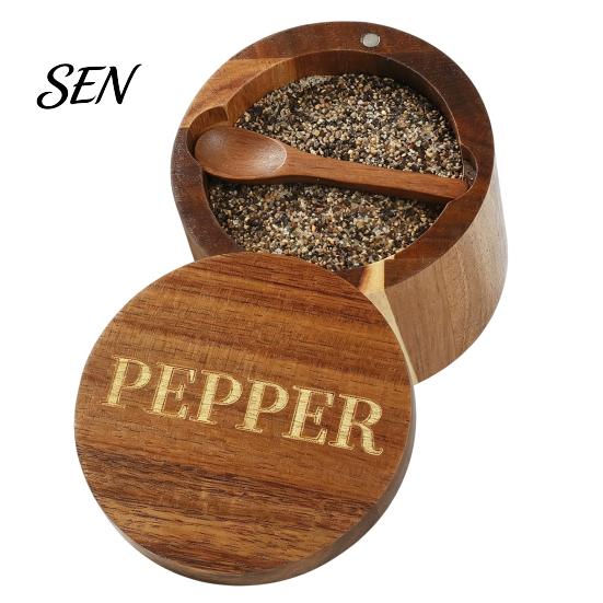Decorative Wood Spice Keeper Salt Container with Swivel Magnetic Lid, Built-in Spoon Seasoning Lid Condiment Holder Jar, Moisture Proof for