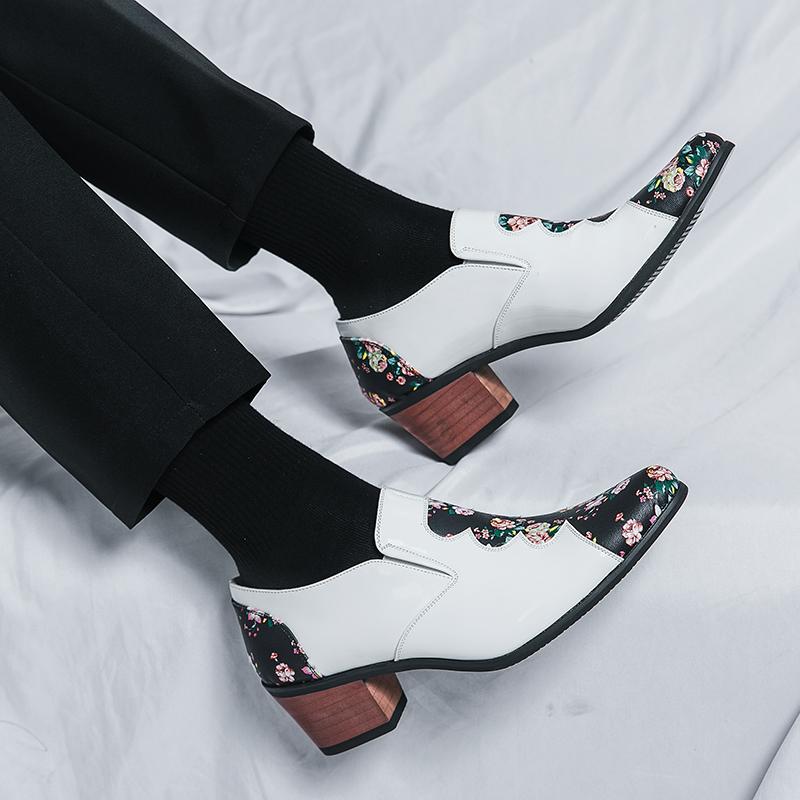 Men's White Flower Printed Dance Shoes Leather High Heels Wedding Dress Shoes Tuxedo Prom Blazers Red Dress Shoes Plus Size