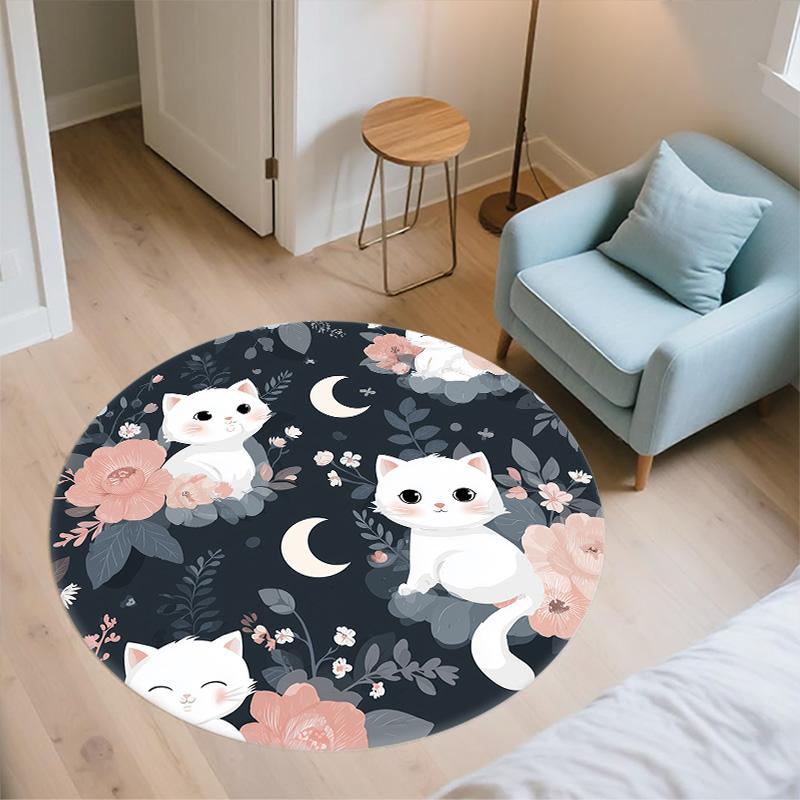 Flat Style Cat,Round Area Rug,Carpet Rug for Living Room Bedroom Sofa Playroom Decor,Non-slip Floor Mat