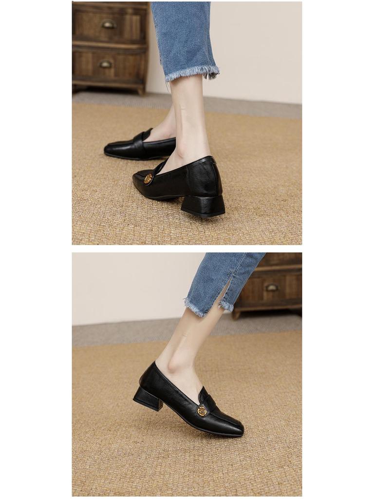 2024 Retro Chunky Heel Loafers: Versatile Square Toe, Medium Heel, Slip-on Leather Shoes for All Seasons