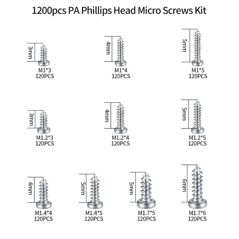 1200PCS Mini Screw Kit, M1M1.2M1.4M1.7 Miniature Cross Round Head Screw