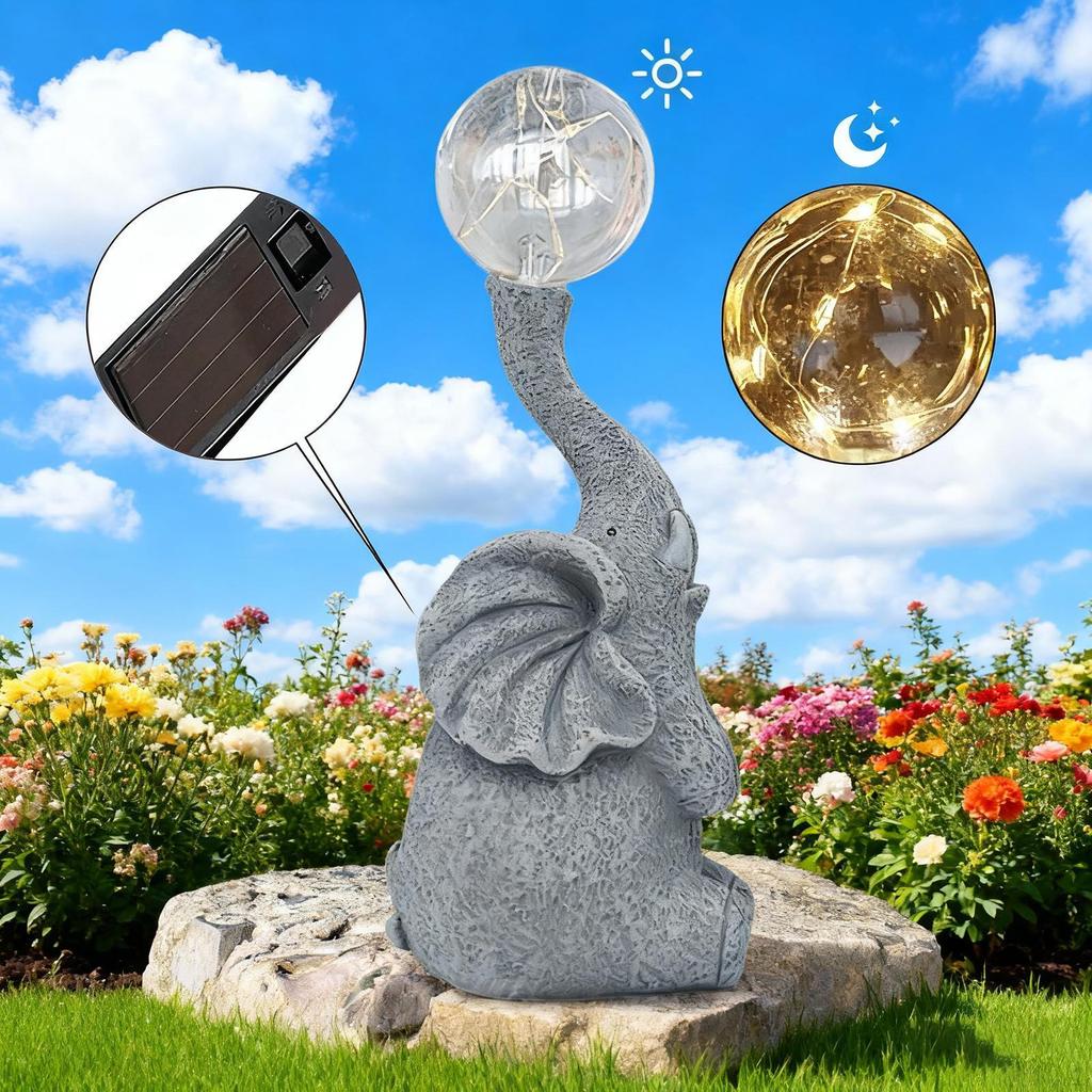 Garden Statue with Solar Light Animal Sculpture Decorative Outdoor Decoration Elephant Figurine for