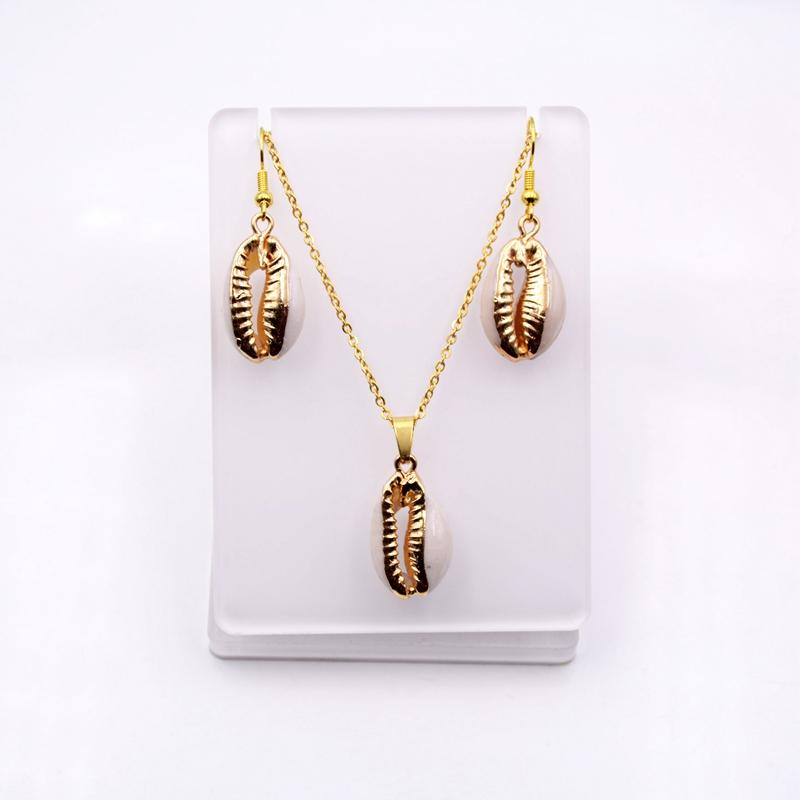 Choker Necklace Earrings Set Gold  Hawaii Bead Shell Pearl Fashion Jewellery Natural Plated Seashell Pendant for Women