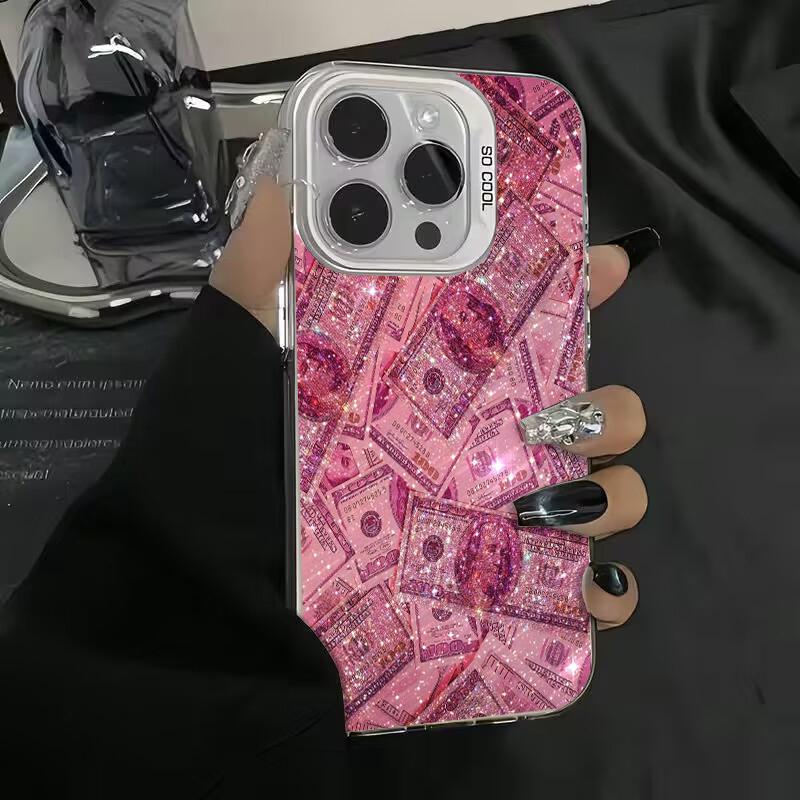 Pink Printed Dollar Bills Phone Case for iPhone 17 16 15 14 13 12 11 16E Series Pro Max Plus Double Layer Protection