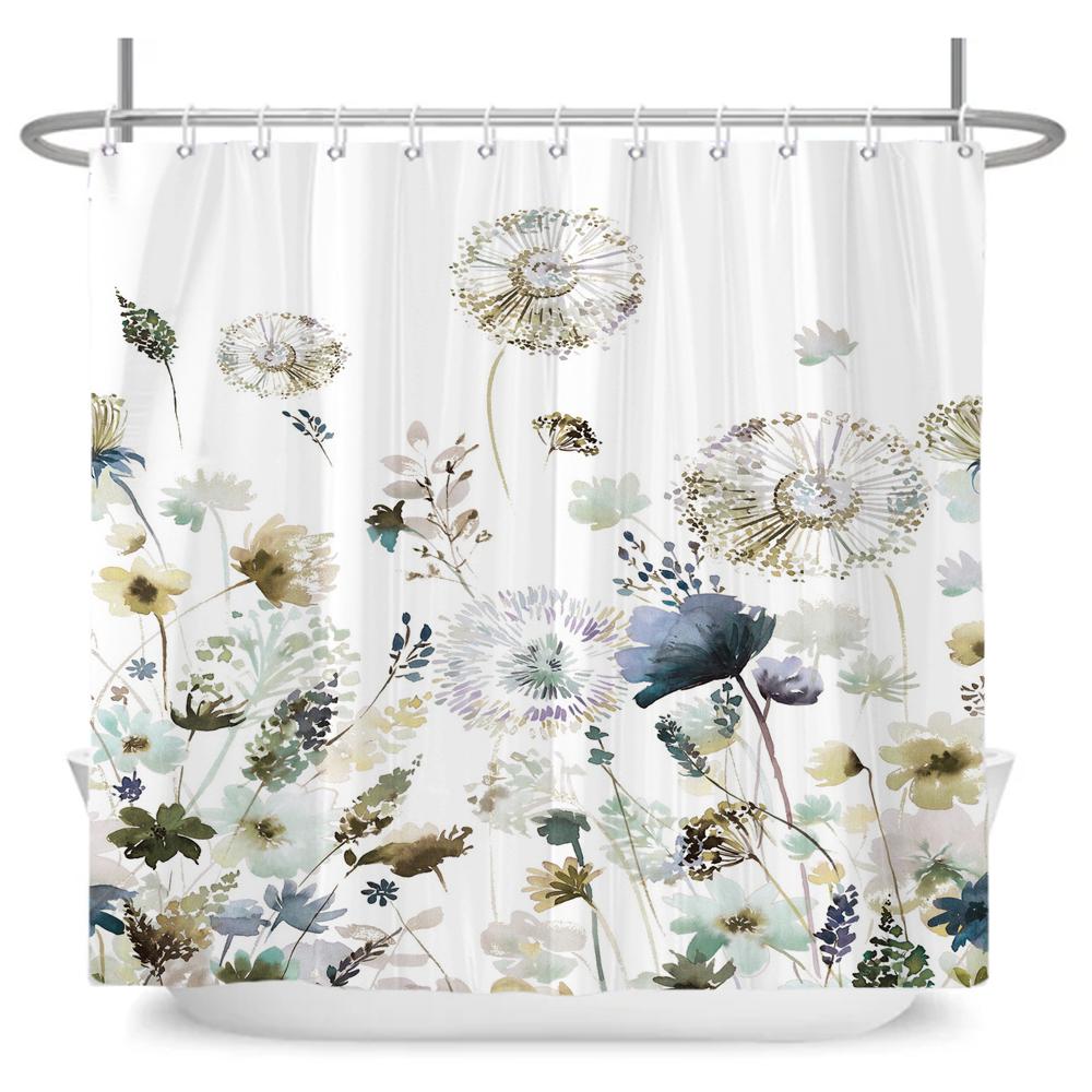 Green Leaf Plant Simple Nordic Printing Bathroom Shower Curtain Polyester Waterproof Home Decoration Curtain with 12 Hooks