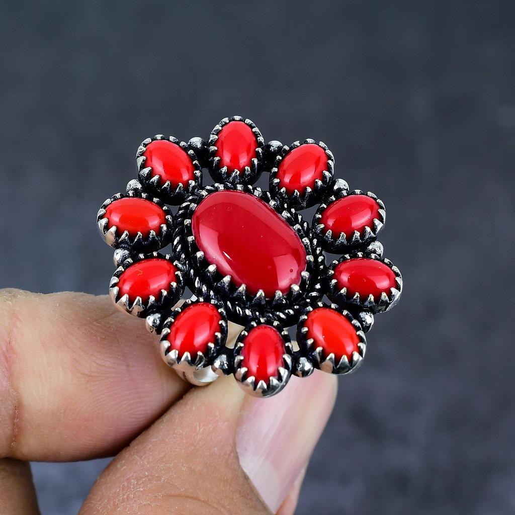 Red Coral Gemstone 925 Sterling Silver Jewelry Ring Size 8.5