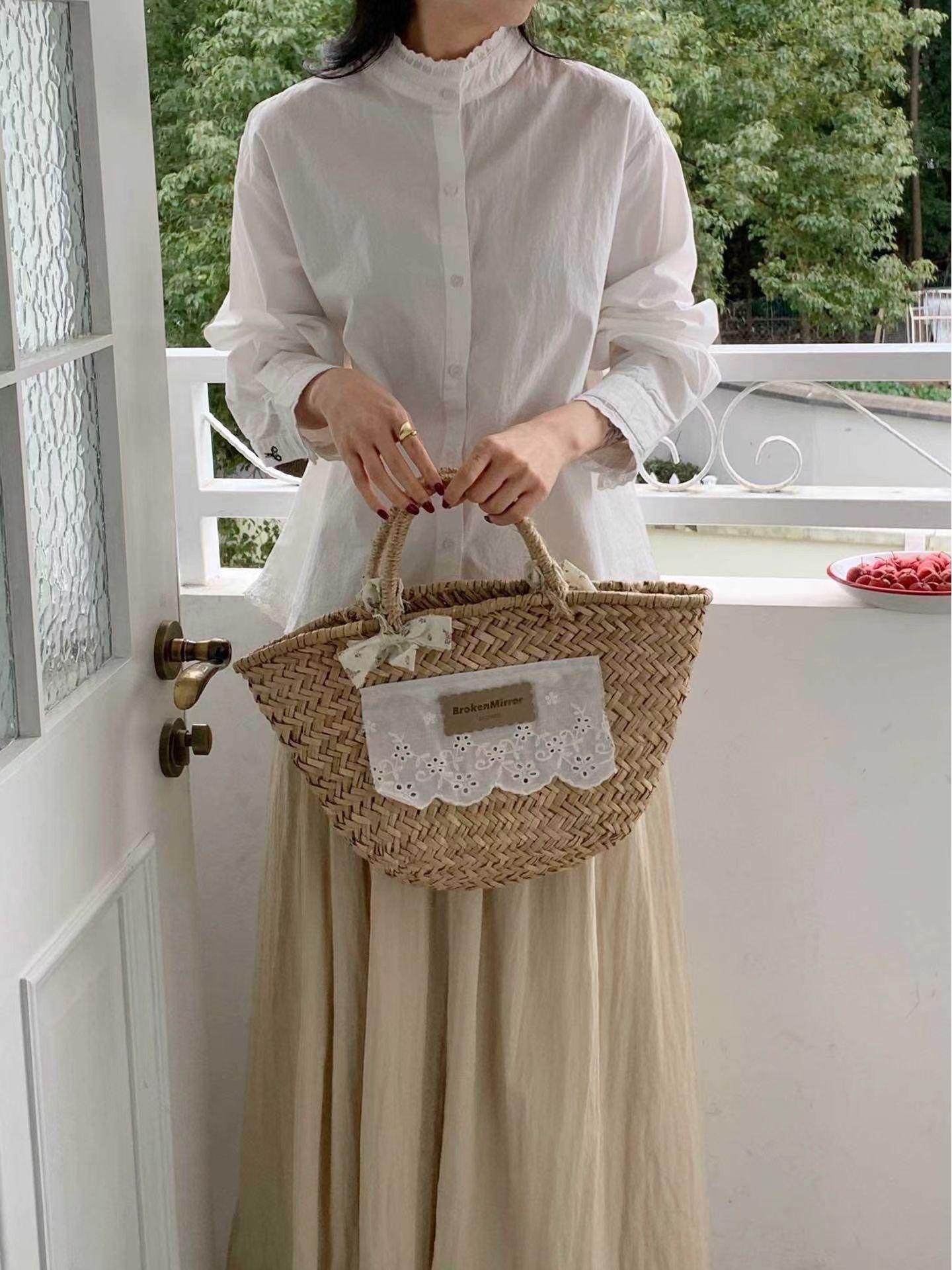 Women s White Pure Cotton Lace-Trimmed Stand Collar Long-Sleeve Shirt One Size (80-140) белый