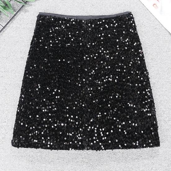 Sexy Skirt High Waist Hip Wrapped Solid Color Shiny Sequins Decor Mini Skirt Leisure Beach Travel Party Wear