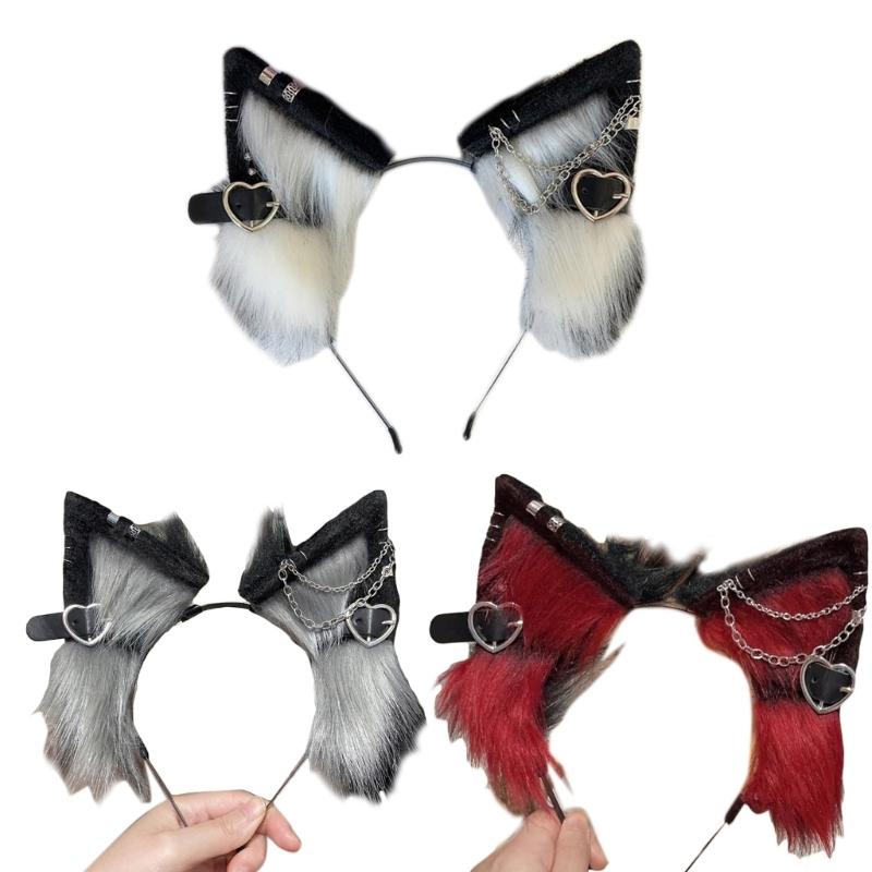 Anime Theme Gatherings Cat Ear Headband with Alloy Earring Movie Enthusiasts Plush Wolf Headband for Teenagers Adult