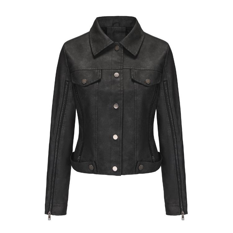 Women Leather Jacket Slim Fit Pu Zipper Outerwear Long Sleeve Lapel Collar for Fall Winter