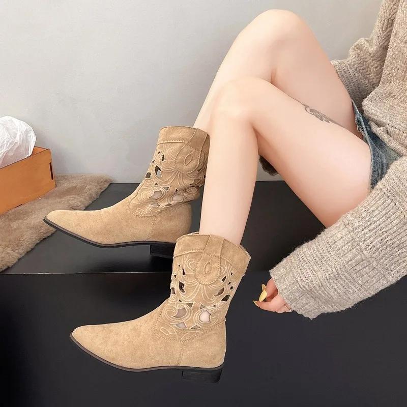 Fashion Slip-on Block Heel Single Boots Autumn New Pointed Embroidery Hollow-out Soft-sole Anti-slip Wear-resistant Booties