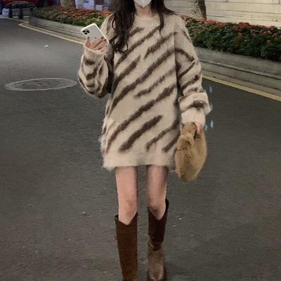 Zebra Pattern Knit Sweater Women's Outerwear Spring/Autumn New Style Lazy Loose Thick Soft Round Neck Knit Coat Jacket