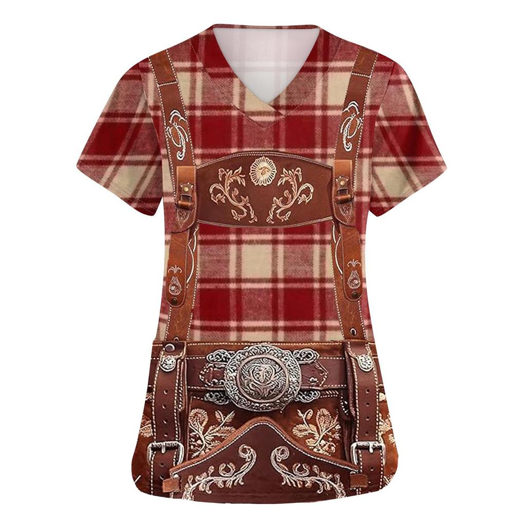 Women's V Neck Short Sleeve Work Shirt with Pockets Oktoberfest Print Top Medical Nurse Uniform Scrub Tee for Healthcare Professionals