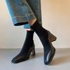 Square head thin boots women's splicing high-heeled short boots autumn and winter new rear zipper thin elastic fashion boots thick heel