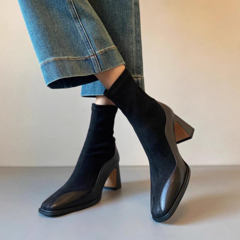 Square head thin boots women's splicing high-heeled short boots autumn and winter new rear zipper thin elastic fashion boots thick heel