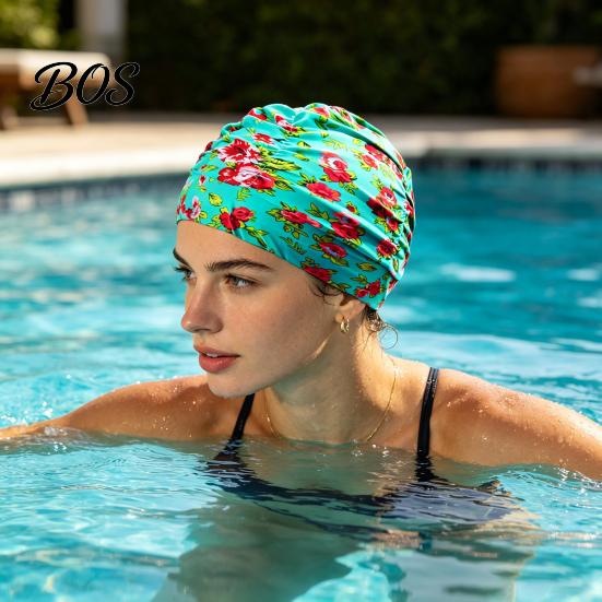 Soft Swim Cap Cloth Swimming Pool for Women, Breathable Colorful Ruffle Loose Fit Cap, Elastic Ear Protection Short Long Hair Bathing Hat