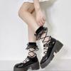 Women Lolita Organza Ruffle Ankle Socks, Summer Sheer Glass Silk Crisscross Strap Mesh Socks, Japanese Sweet Cosplay Short Socks