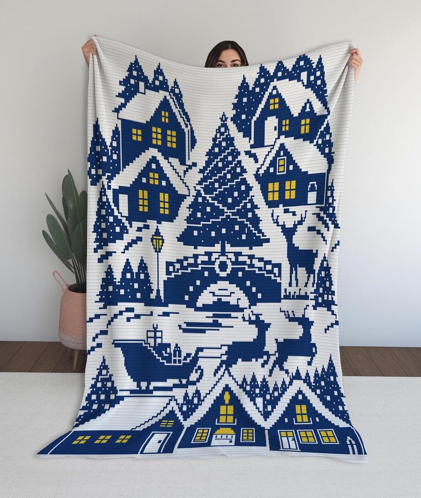Christmas Village Mosaic Crochet Blanket Pattern, Winter Afghan, Holiday Pattern Xmas Town Reindeer Graphghan