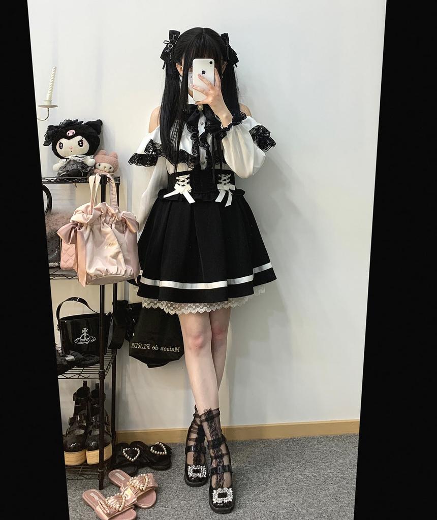 Cute Removable Long French Student White [XHSUKADO] Open-Shoulder Blouse, Mass-Produced Style, Women's, 2-Layer Lace, Ruffles, Ribbon, Pearl, Sleeve,
