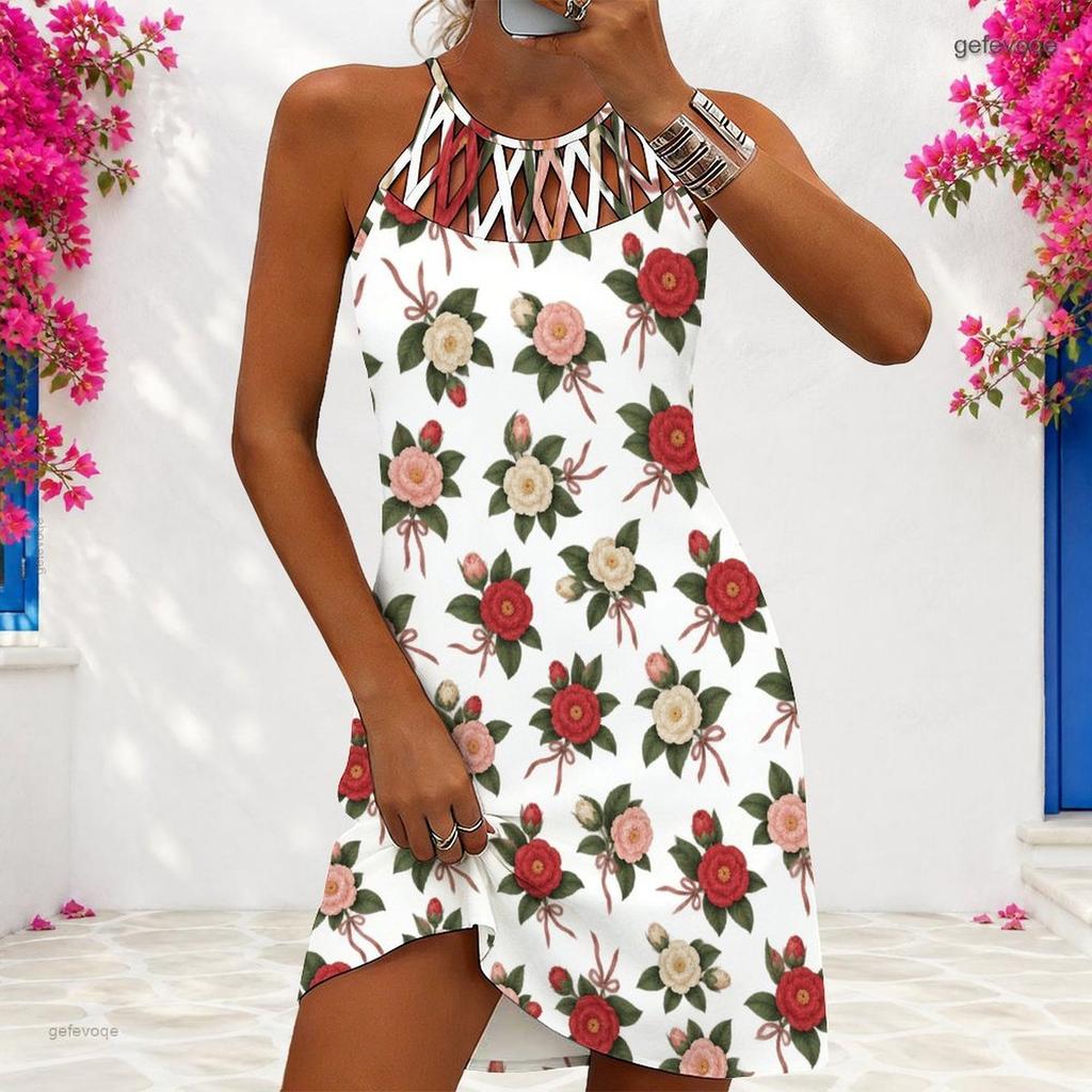 Women Plus Size Criss Cross Cutout Neck Sleeveless White Floral Printed Fitted Curved Hem Dress