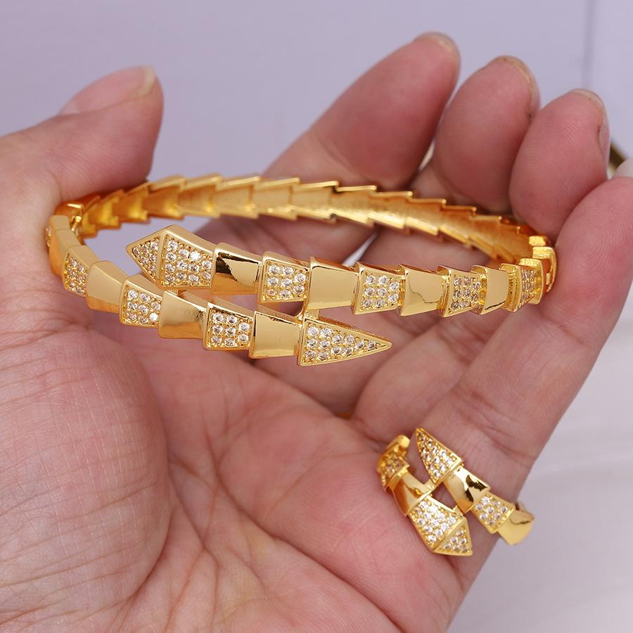 Dubai Bangles Ring Set For Women Indian Africa Lady Jewelry Ethiopian Gold Color Snake Cuff Bangles Wedding Bride Jewelry Gift