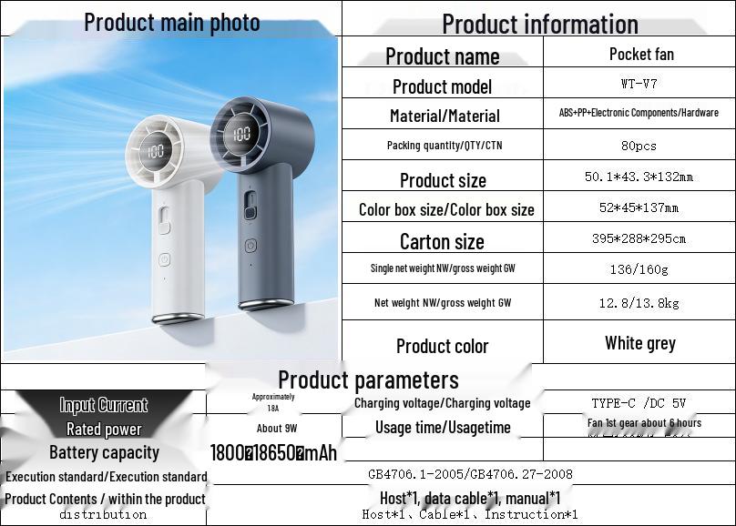 26-Year 100-Speed Mini Handheld Fan with Strong Wind, USB Digital Display, Portable Design