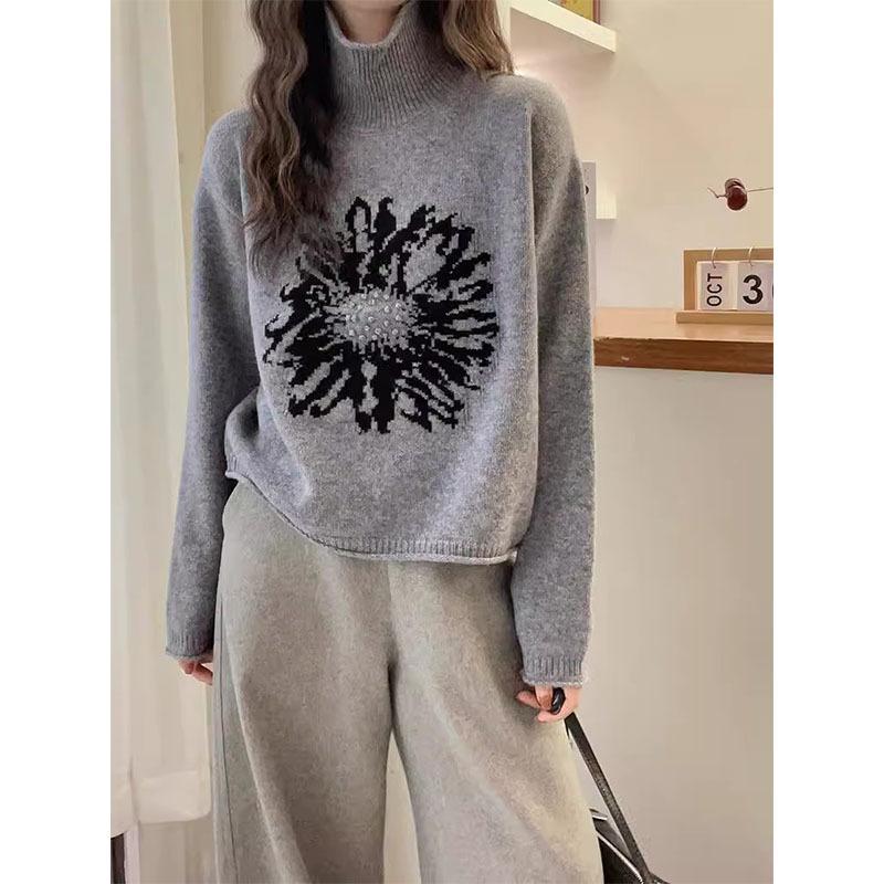 Women's European Retro High Neck Jacquard Sweater - Korean Style, Versatile, Loose Fit Knitwear