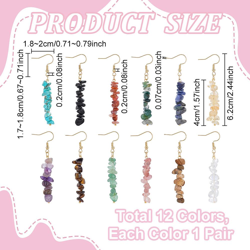 12Pair Natural & Synthetic Gemstone Dangle Earrings, with Brass Findings, 62mm
