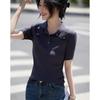 Demana Damen Pailletten Blumen Kurzarm Polo Strickoberteil