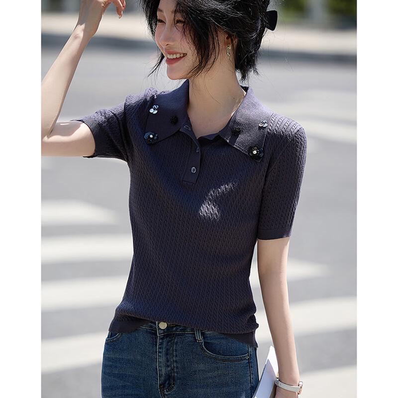 Demana Damen Pailletten Blumen Kurzarm Polo Strickoberteil