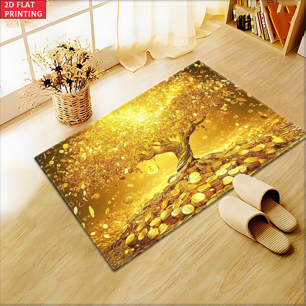 Lucky Golden Bitcoin Money Tree Coin Non Slip Area Rug Washable Indoor Floor Mat for Feng Shui Wealth Prosperity Home Decor