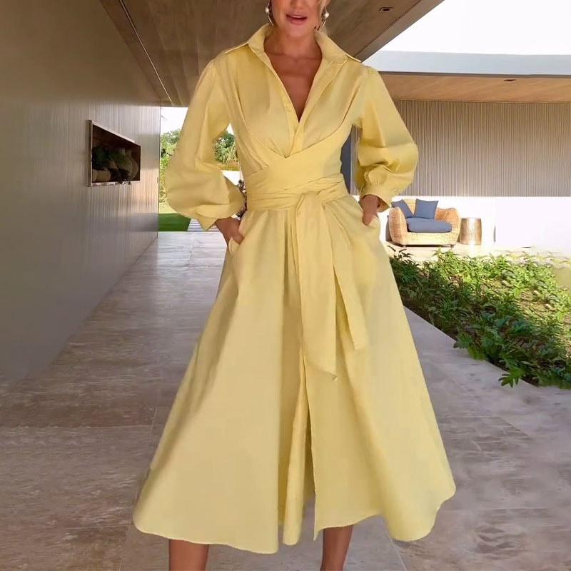 

Женское платье-рубашка с отложным воротником, длинными рукавами и приталенным силуэтом, повседневное платье с темпераментом для работы, однотонное, облегающее, длинная рубашка, лето 2025 3XL жёлтый