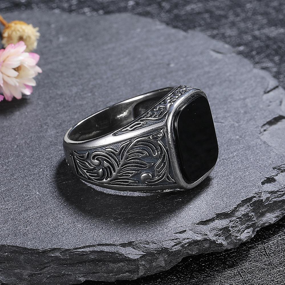 Erkek Siyah Akik Yüzük 12x14mm, Erkek Vintage Sterling Gümüş İnce Takı, Ona Düğün Yüzüğü Hediyesi