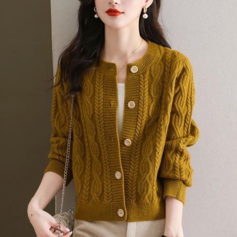 Autumn and winter fashion temperament solid color twist twisted round neck women's elegant lazy style retro knitted cardigan sweater